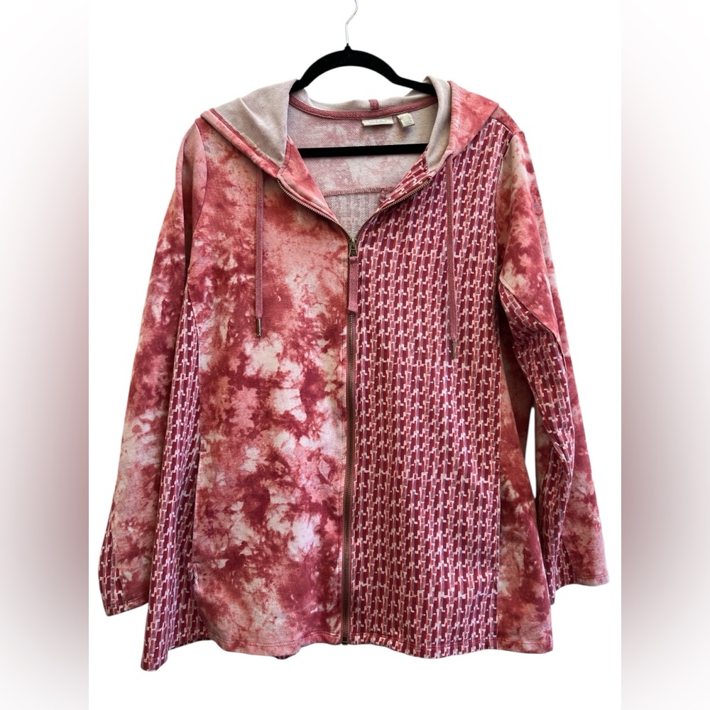 LOGO Lounge Tie Dye Patchwork Zip Hoodie Large Pink Abstract Athleisure L